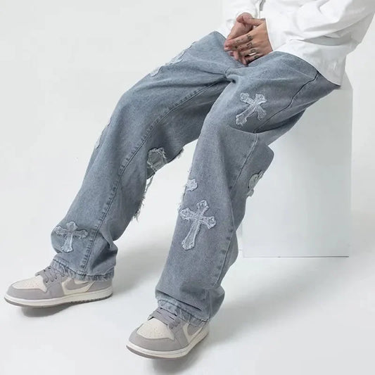 2023 Fashion Trousers Cross Denim Pants Streetwear Hip Hop Low Rise Baggy Jeans For Men Y2k Women Cargo Pants Punk Clothe